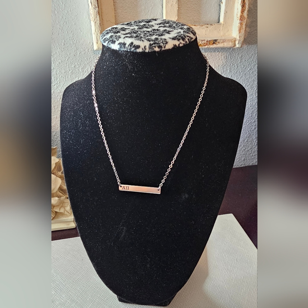 Elegant Alpha Pi Silvertone Bar Pendant Necklace 14 Inches Long NWOT
